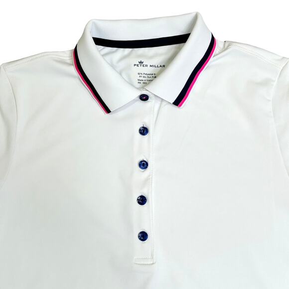 Peter MIllar White 1/4 Button Elbow Sleeve Polo Shirt Pink Blue Striped Trim - Picture 2 of 8